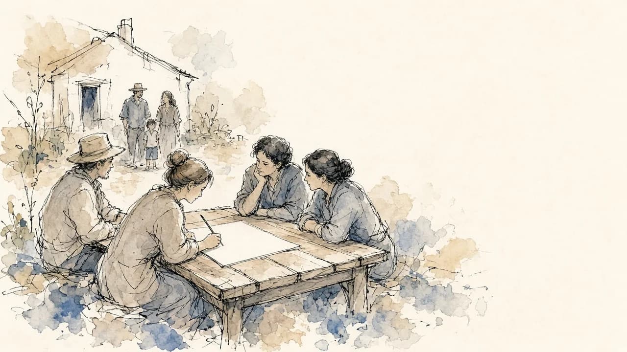 Quatro pessoas conversam em torno de uma mesa com uma folha de papel; uma família aparece junto a uma casa ao fundo.
