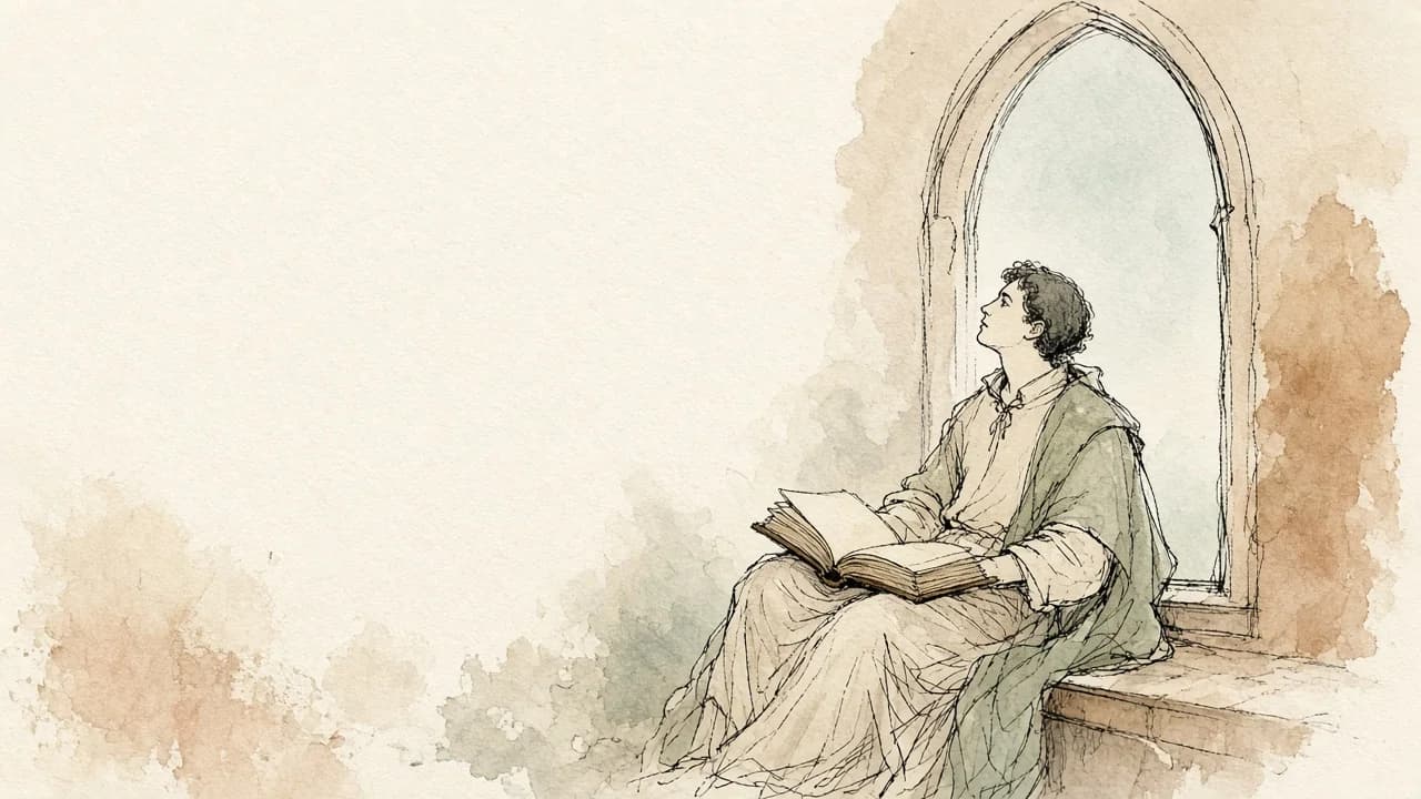 Uma pessoa com roupas de época lê um livro aberto no colo e ergue os olhos junto a uma janela em arco.