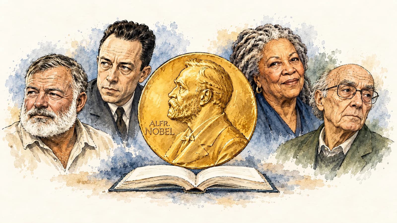 Medalha dourada de Alfred Nobel e caricaturas de Ernest Hemingway, Albert Camus, Toni Morrison e José Saramago, com um livro aberto, em nanquim e aquarela