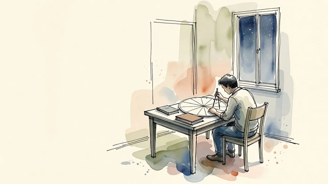 Pessoa anônima, de costas, à mesa à noite, mede com um compasso um círculo desenhado à mão e dividido em doze partes, sem signos; janela com estrelas ao fundo.
