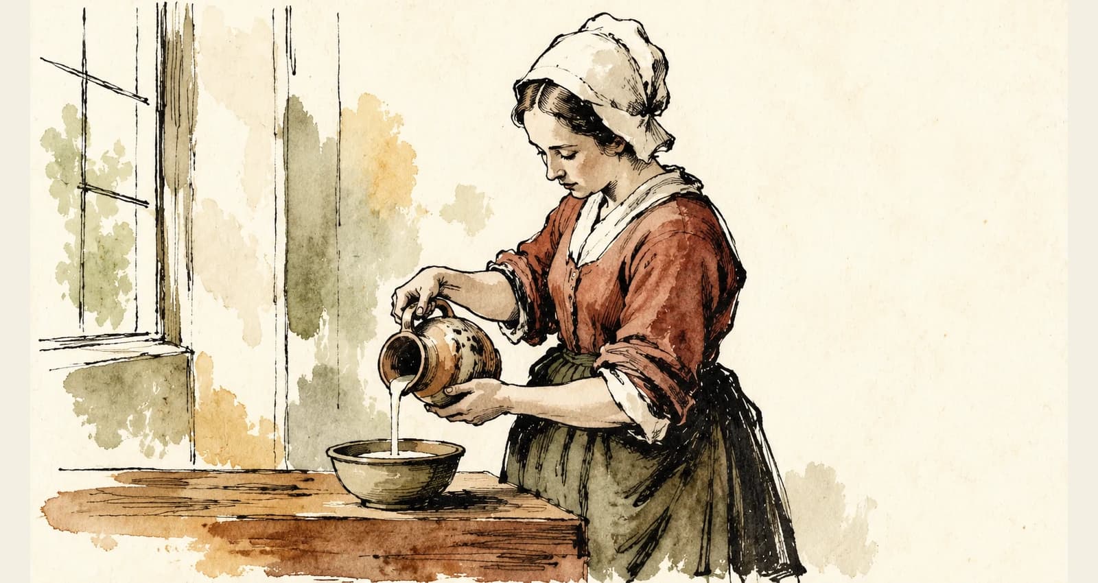 Ilustração editorial em nanquim e aquarela: uma mulher de touca branca despeja leite de uma jarra numa tigela junto à janela. Traços pretos e aguadas de verde oliva, terracota e ocre sobre papel claro.