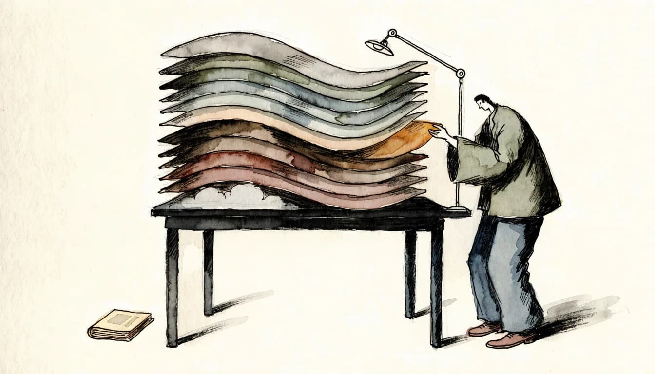 Ilustração de adulto erguendo a nona lâmina âmbar de doze camadas translúcidas sob luminária; quiz no chão ignorado