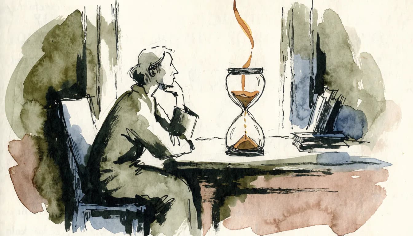 Ilustração de uma pessoa que observa uma ampulheta cuja areia sobe em fio de luz para além do vidro