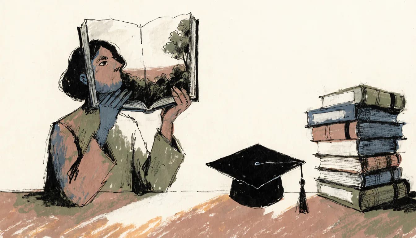 Ilustração de leitor com livro aberto como janela para a paisagem real; ao lado, capelo oco e pastas de jargão