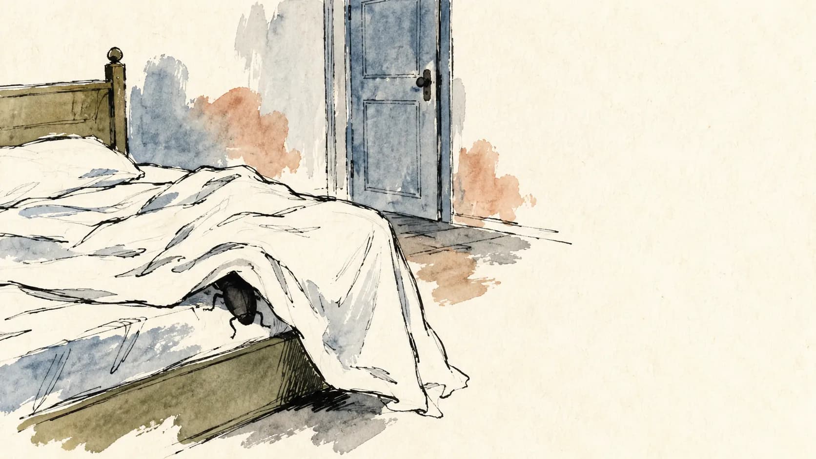 Ilustração de uma cama desfeita com um inseto parcialmente escondido sob o lençol