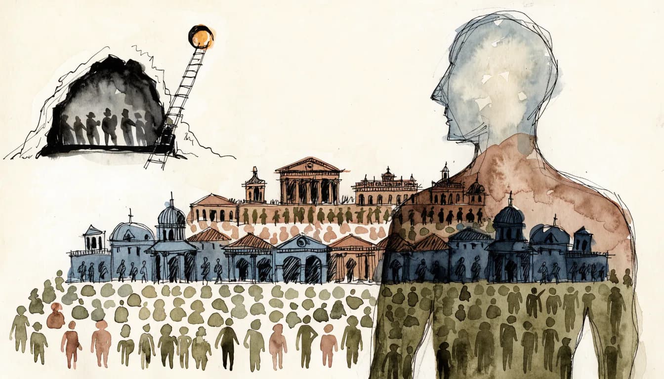 Ilustração de cidade clássica como diagrama de justiça com três classes espelhando silhueta da alma, caverna lateral e escada de educação