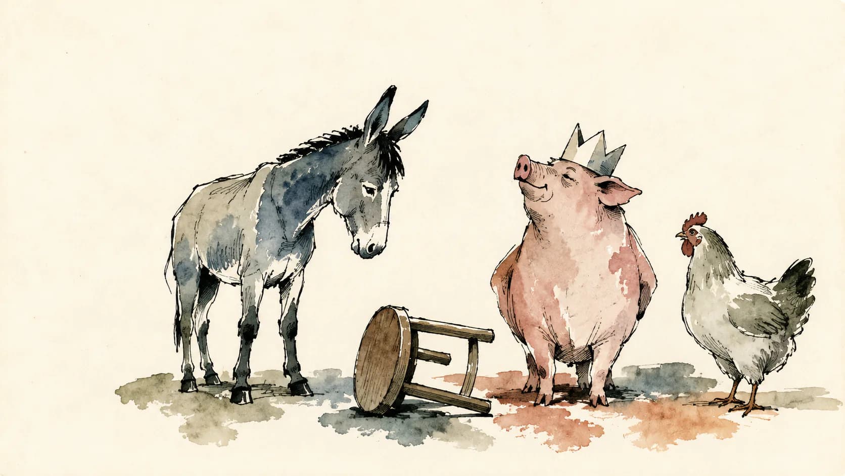 Ilustração de um porco coroado entre animais e um banco derrubado