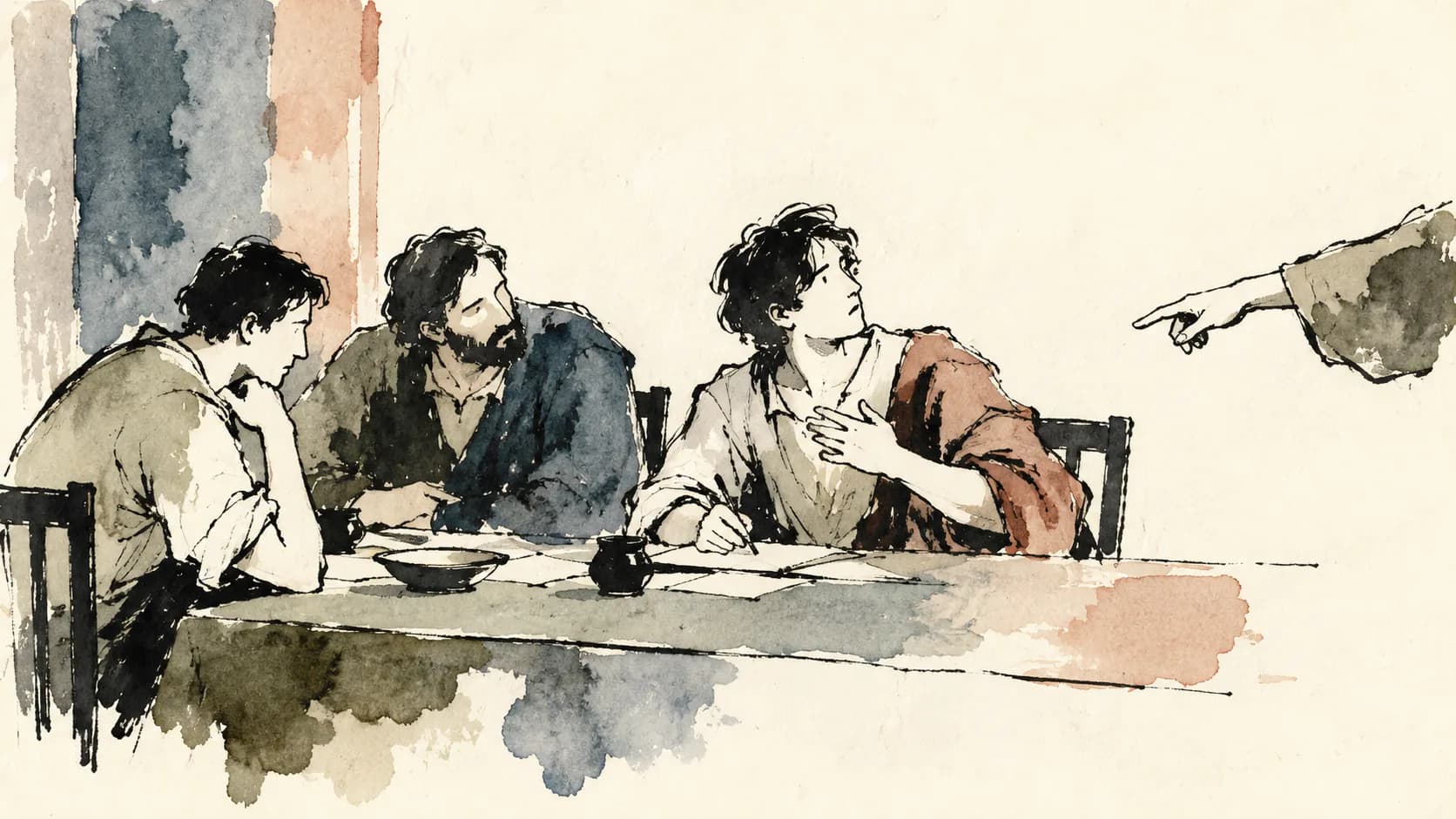 Ilustração de homens à mesa surpreendidos por uma mão que aponta para um deles