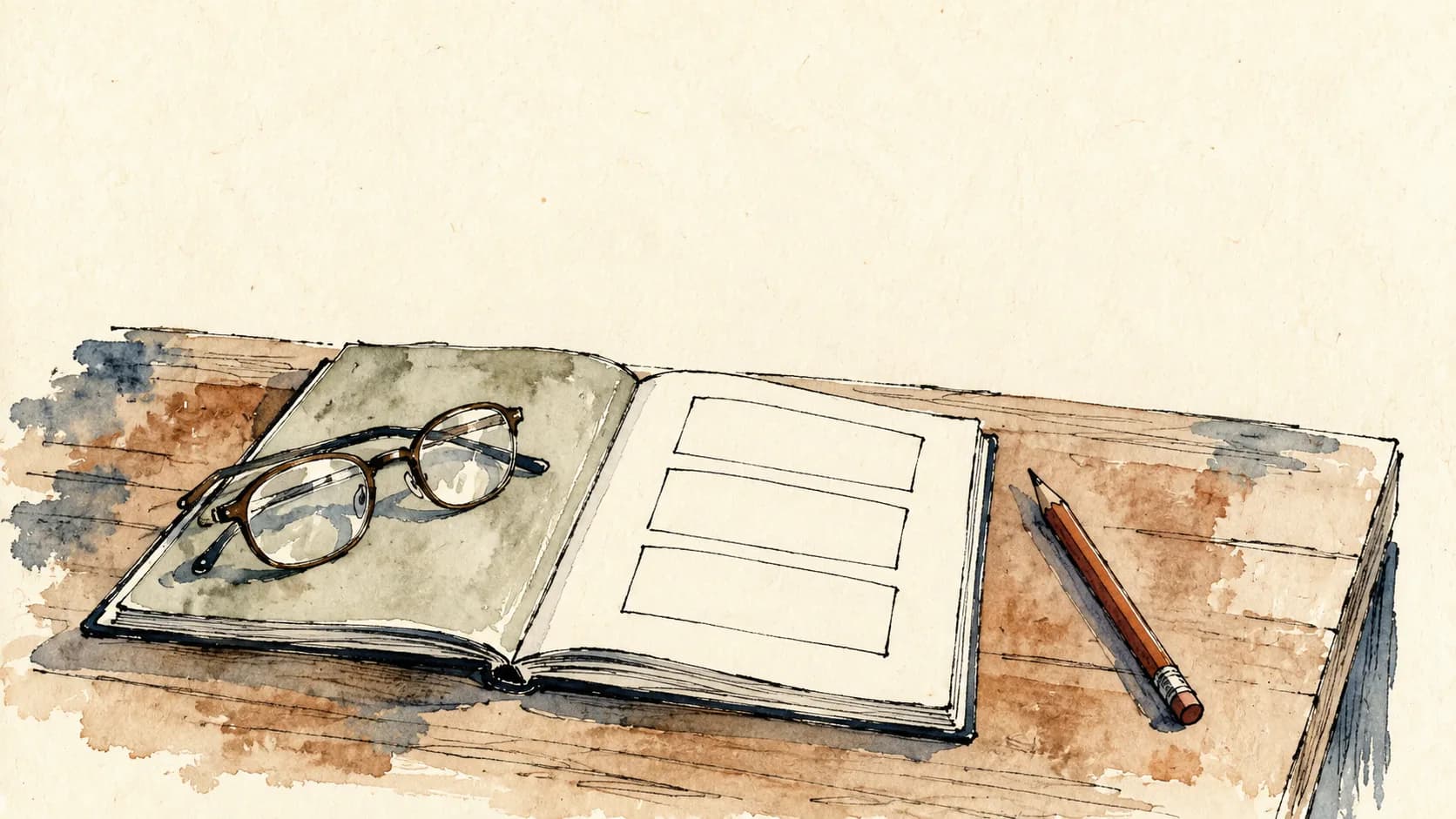 Caderno com três campos em branco, óculos e lápis sobre uma mesa