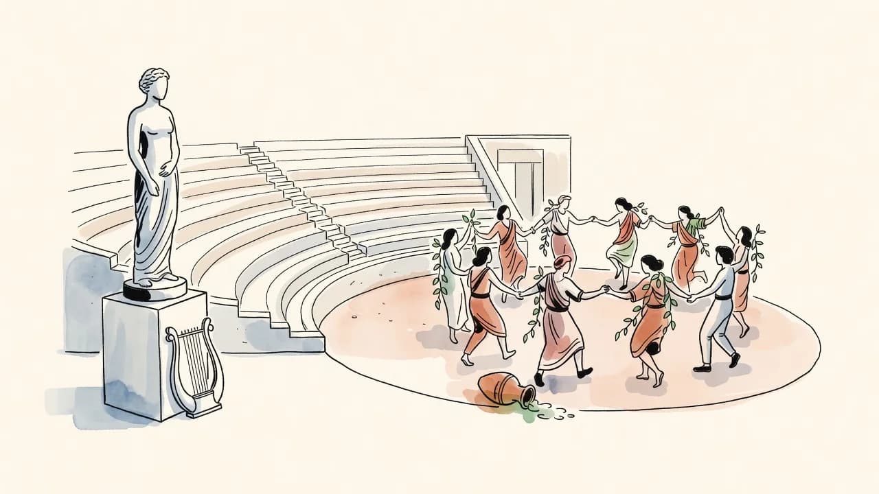 Teatro grego de pedra ao ar livre: à esquerda, uma estátua clássica serena sobre um pedestal com uma lira encostada; à direita, na orquestra circular, figuras anônimas dançam em roda com ramos de videira, junto a uma ânfora tombada.