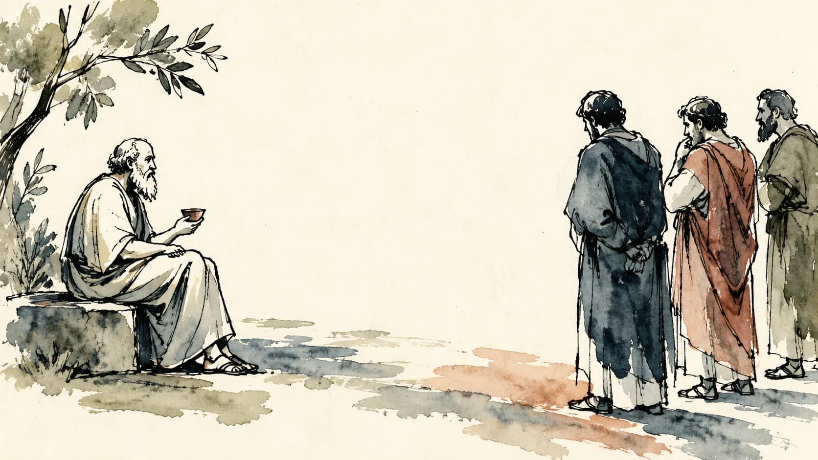 Ilustração de Sócrates sentado com uma taça diante de três interlocutores