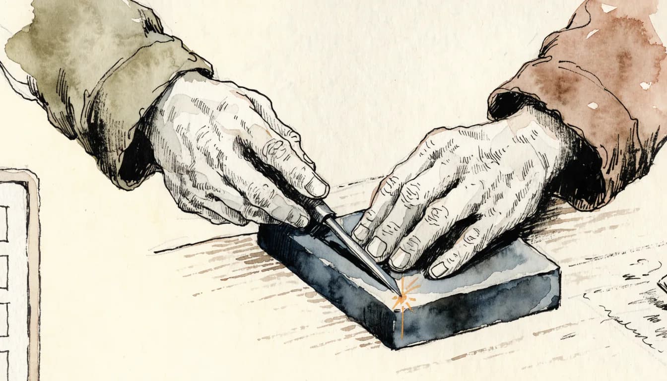 Ilustração de mãos de artesão afiando um formão na pedra enquanto uma prancheta em branco fica à margem