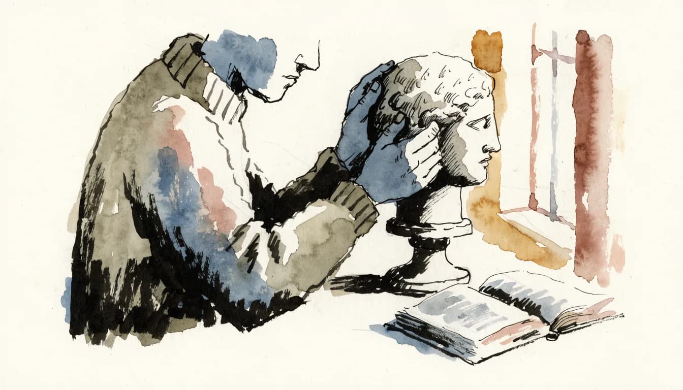 Ilustração de um leitor que gira um busto antigo sob a luz da janela para ver um perfil que a fachada escondia