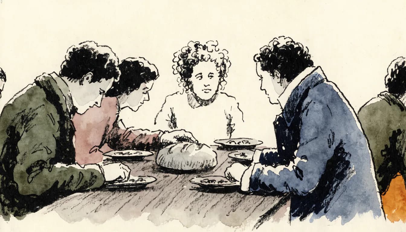 Ilustração de pessoas à mesa compartilhando um pão redondo no centro enquanto guardam pratos privados à margem