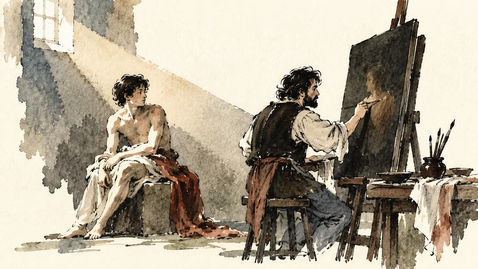 Retrato editorial de Caravaggio entre uma janela de luz e uma tela em preparação