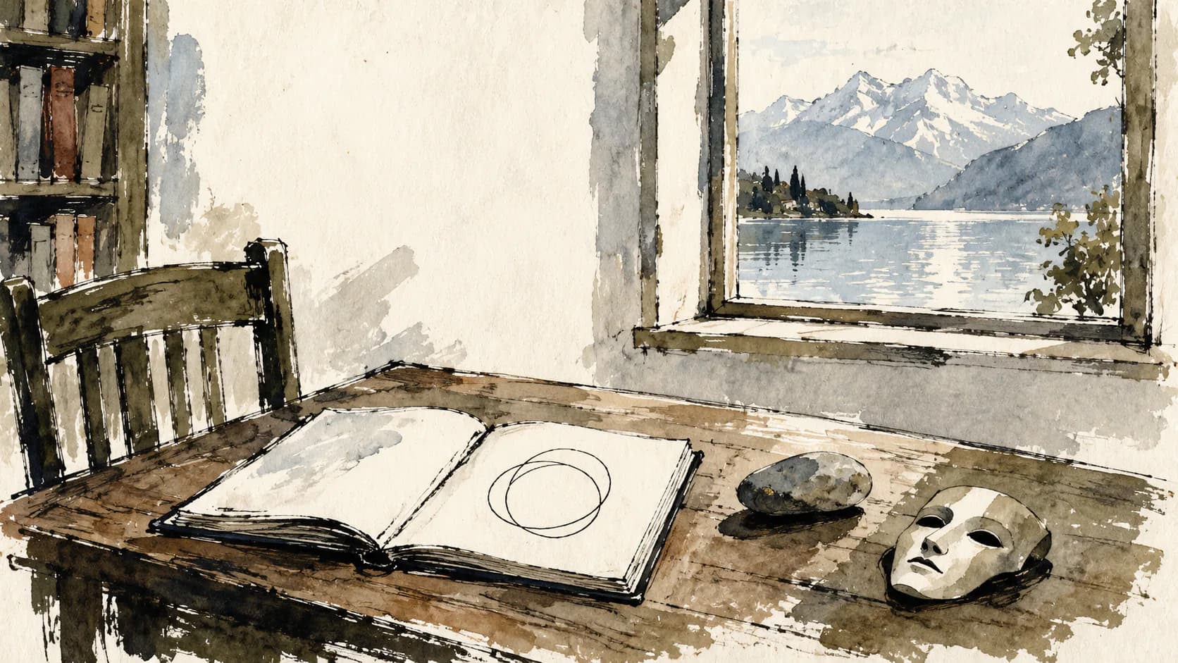 Mesa de estudo com desenho circular, pedra e máscara diante de uma paisagem suíça