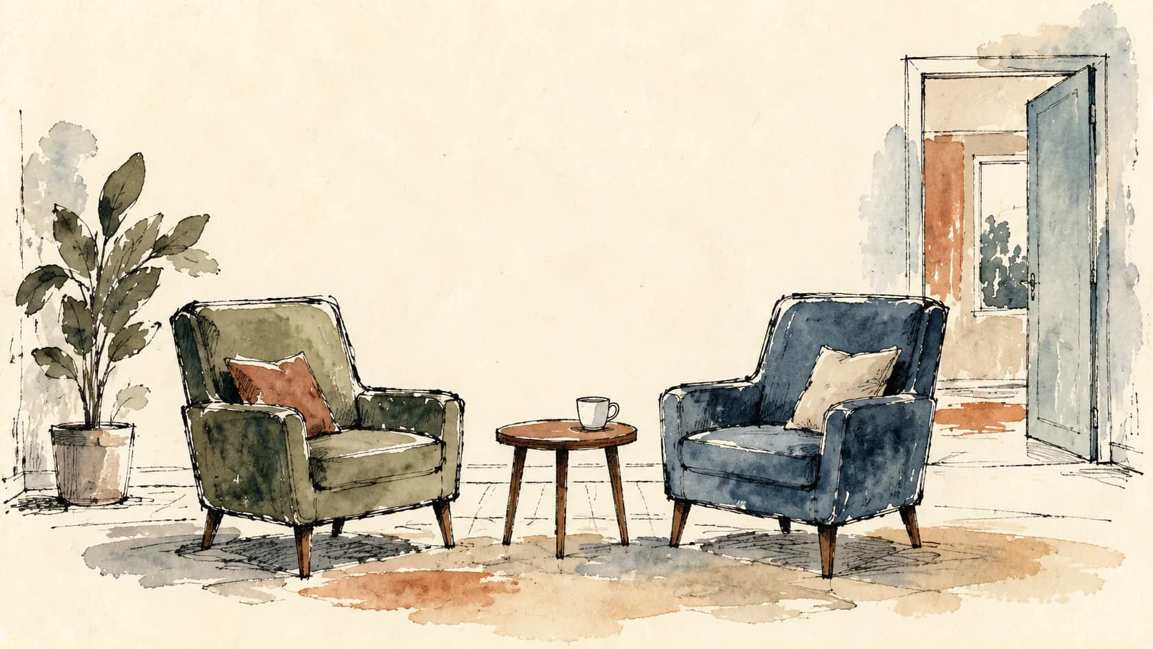 Duas poltronas diante de uma pequena mesa em uma sala aberta