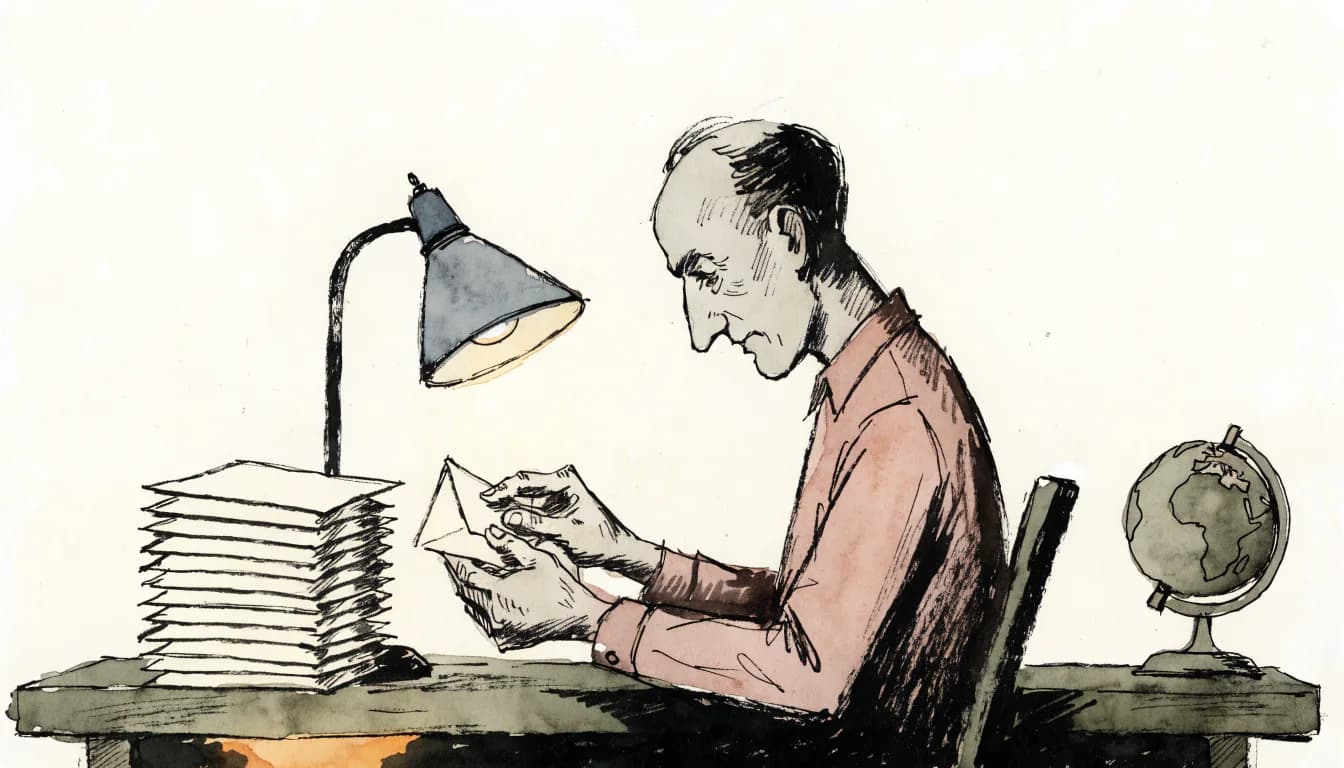 Ilustração de um leitor diante de uma pilha de envelopes lacrados, abrindo só o primeiro com cuidado