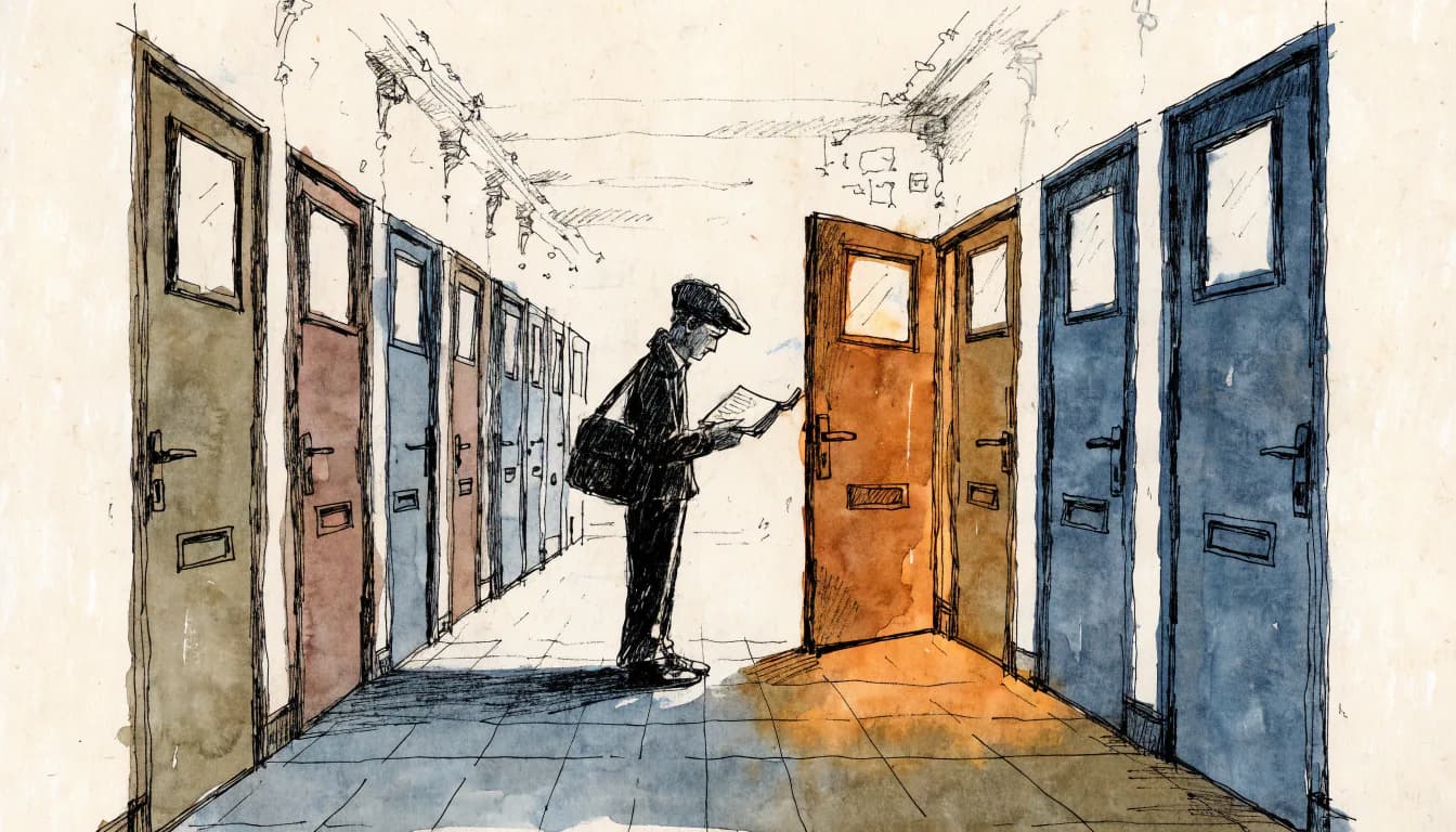Ilustração de um aluno com caderno diante de um corredor de portas de aula, só uma entreaberta com luz