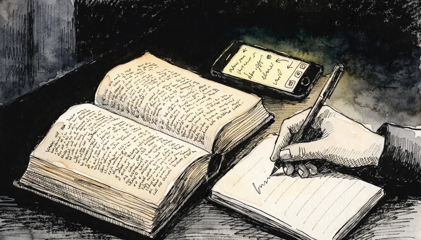 Ilustração de mesa noturna com clássico aberto e caderno onde uma sentença é copiada à mão, celular com app caótico ignorado ao fundo