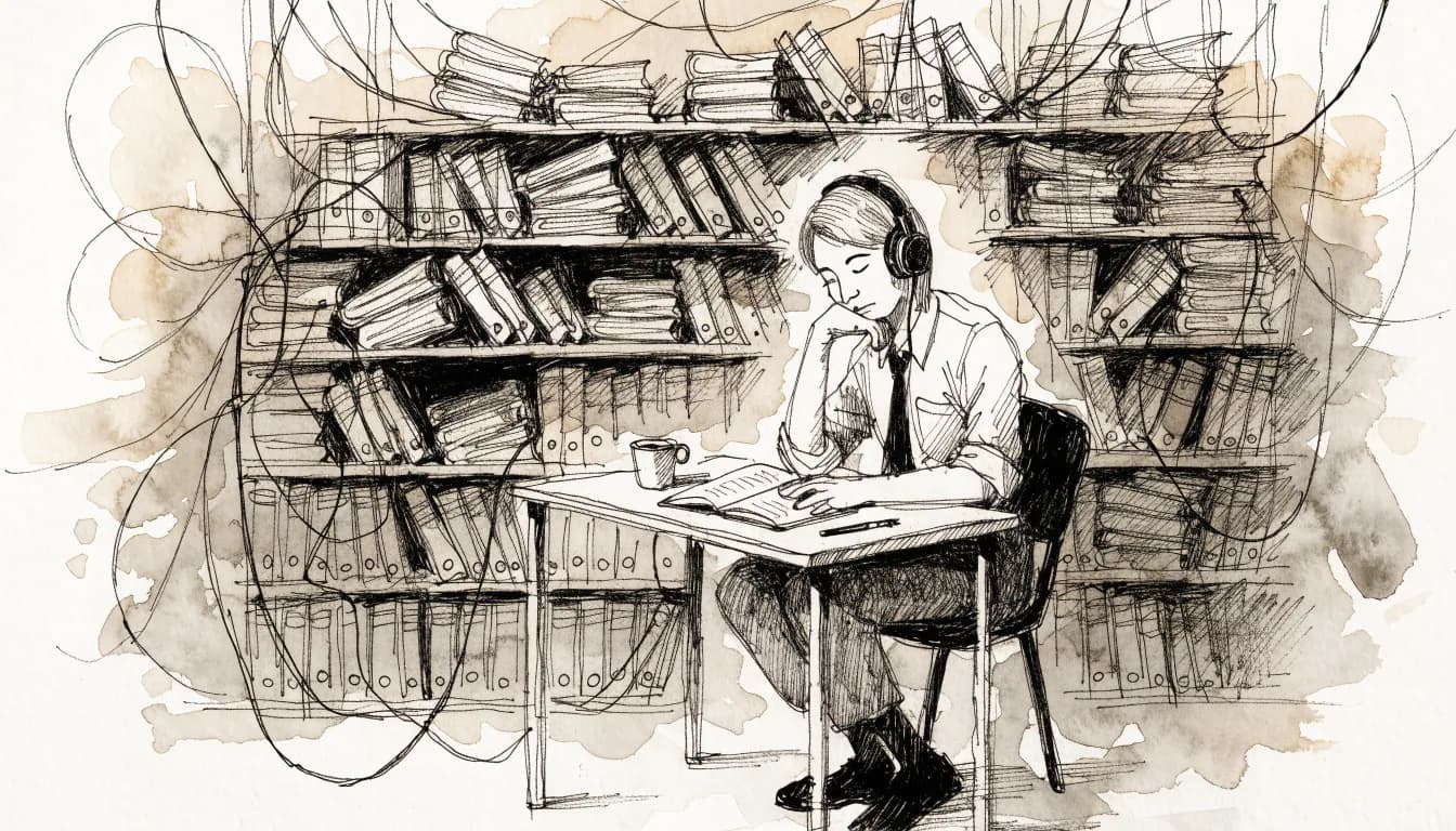Ilustração de adulto calmo com fones e um caderno aberto diante de uma estante transbordando pastas de aulas sem rótulo
