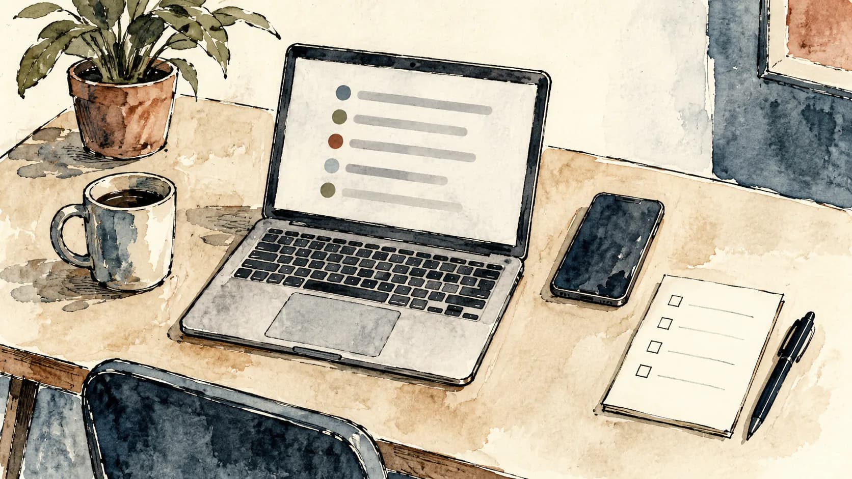 Notebook com questionário, celular e lista de verificação sobre uma mesa