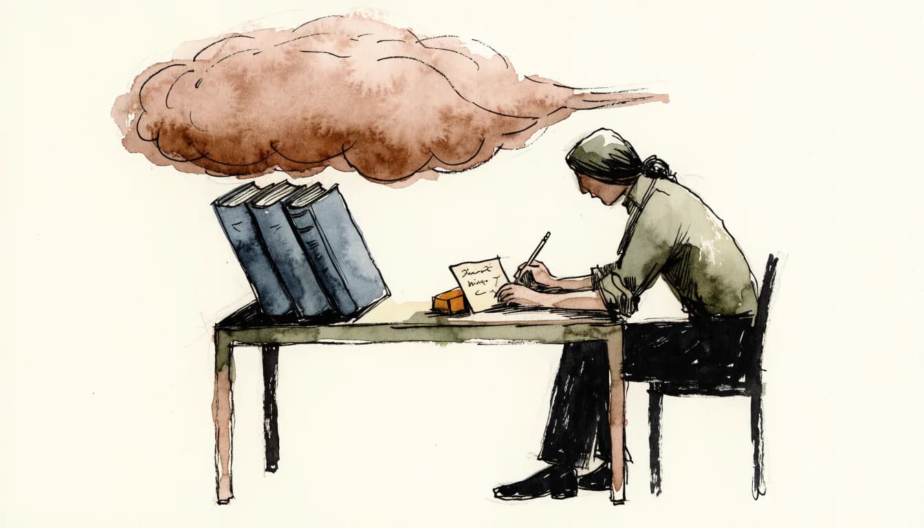 Ilustração de adulto reescrevendo névoa de jargão filosófico num cartão-índice limpo, livros ao lado na mesa