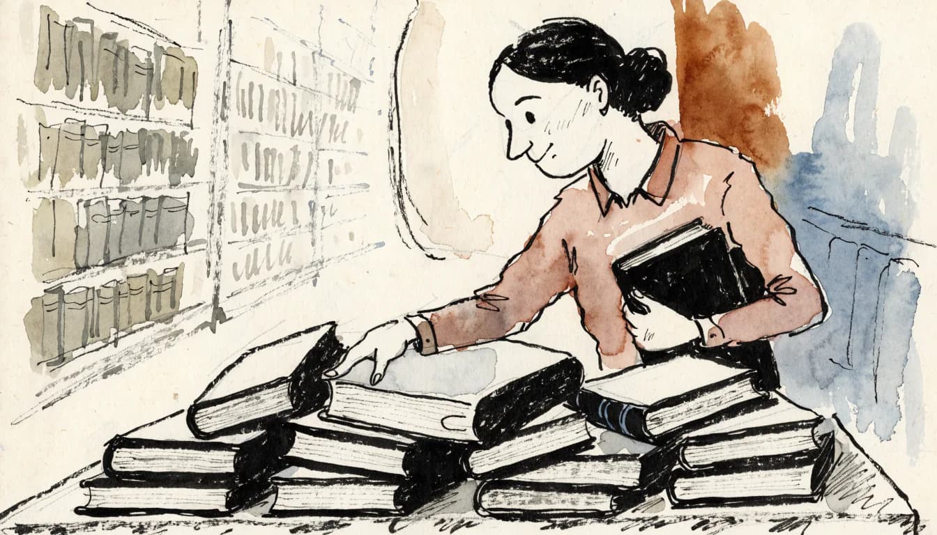 Ilustração de um leitor devolvendo um best-seller à mesa da livraria enquanto segura um volume fino sob o braço