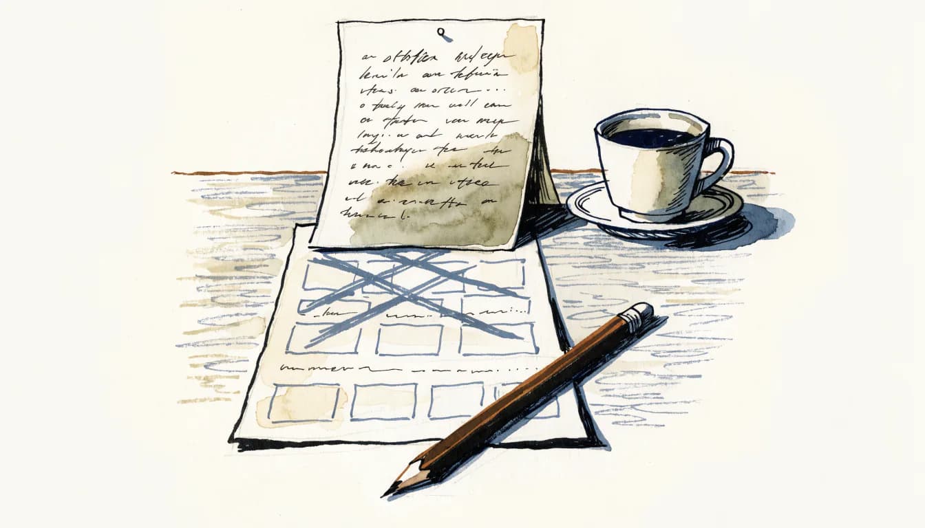 Ilustração de mesa com nota de tese pinada acima de um formulário de redação riscado, xícara e lápis