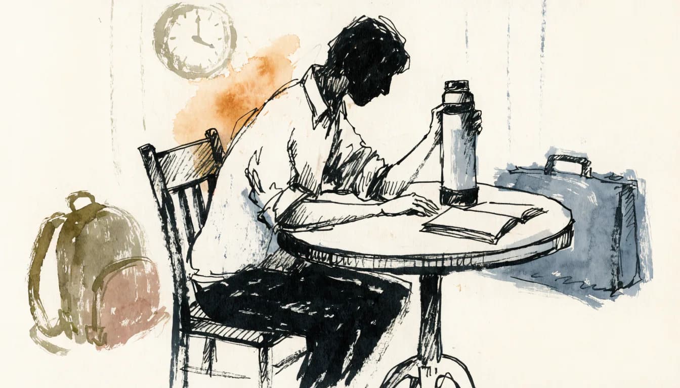 Ilustração de adulto no intervalo da cozinha com thermos e livro fino; mochila infantil e pasta desfocado ao fundo