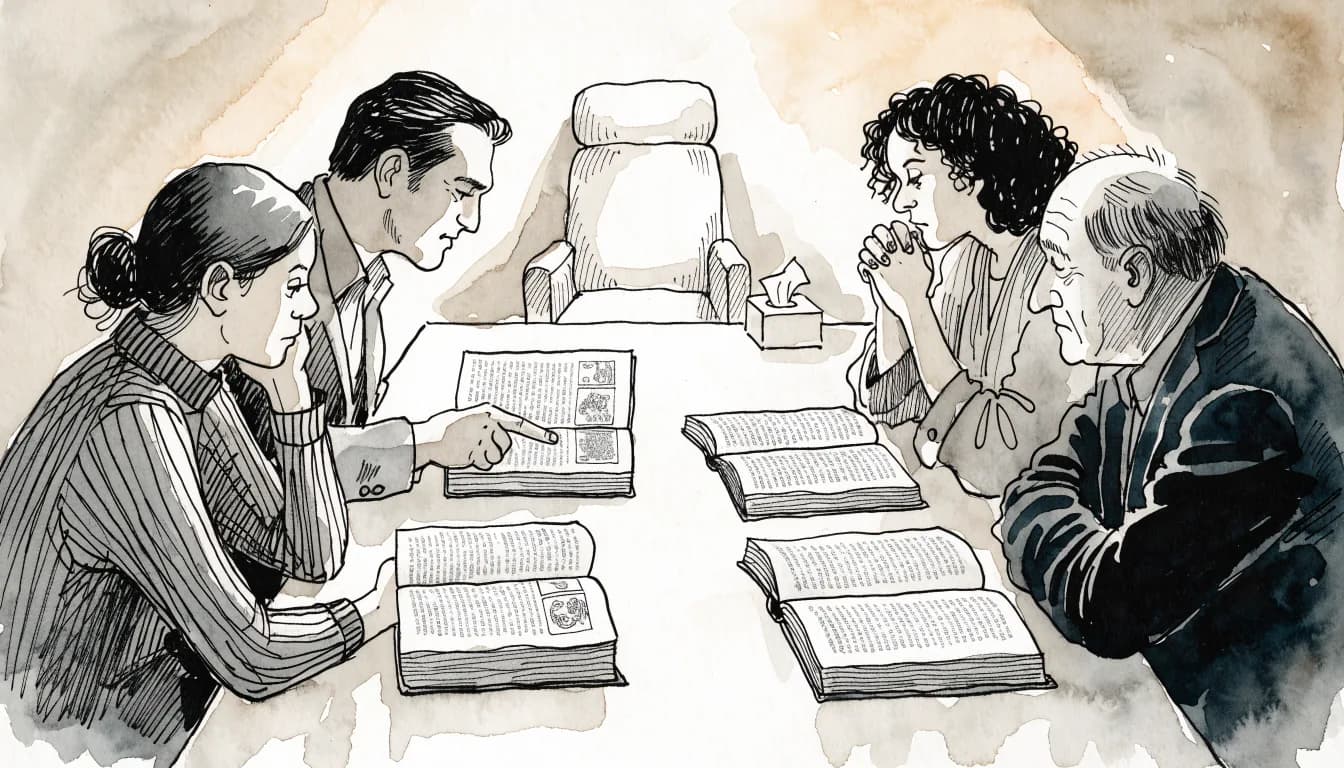 Ilustração de quatro adultos em torno de mesa com o mesmo livro aberto e um parágrafo apontado; ao fundo um divã de terapia vazio e absurdo
