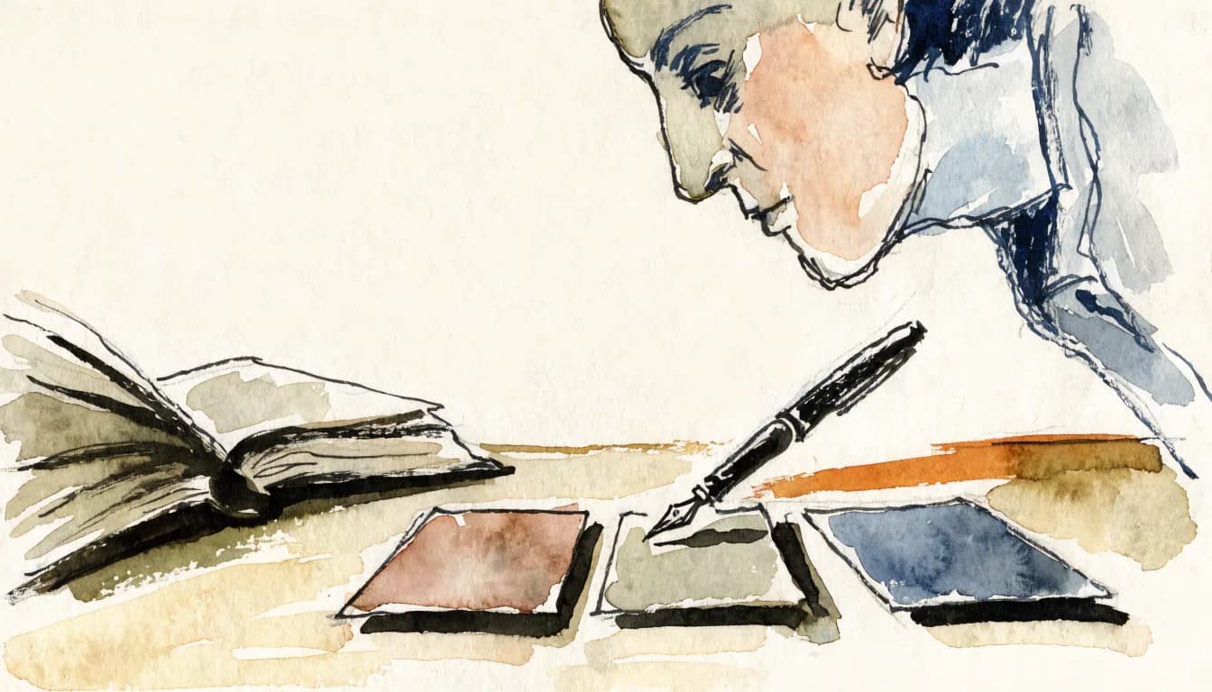 Ilustração de três fichas em branco ao lado de um livro aberto e uma caneta numa mesa de estudo