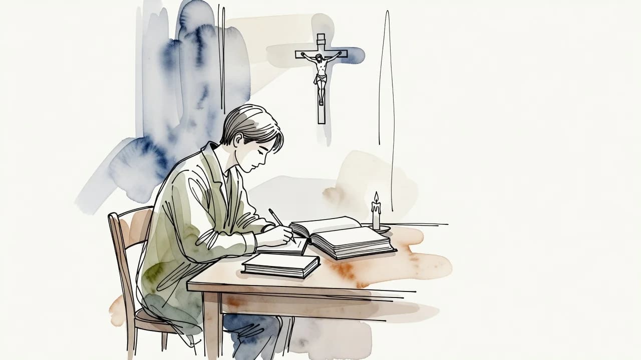 Jovem sentado a uma mesa de madeira, de perfil, anotando num caderno ao lado de uma Bíblia aberta; na mesa, outro livro e uma vela; na parede, um crucifixo pequeno.