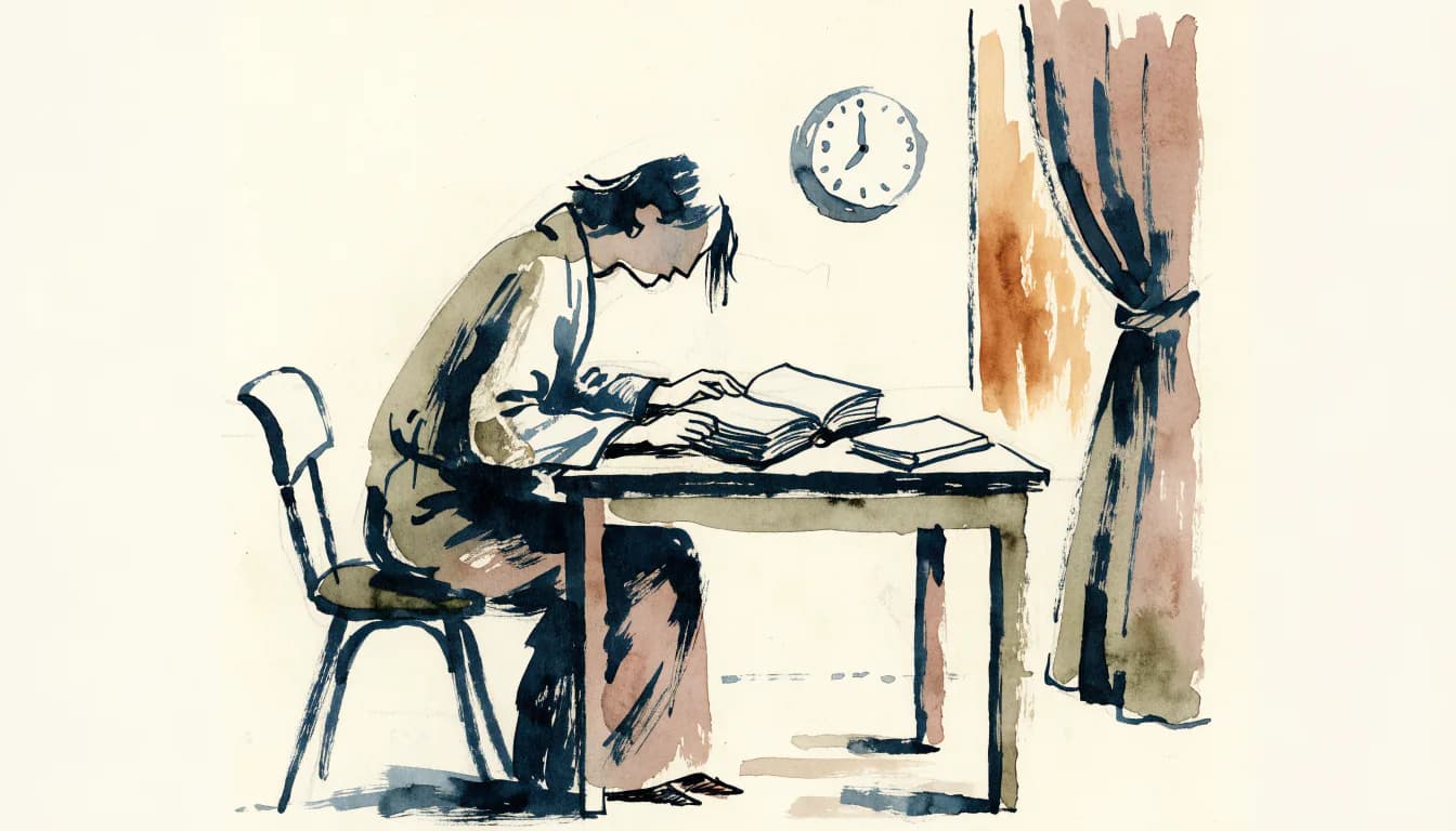 Ilustração de uma pessoa estudando à mesa, ao lado de uma janela e um relógio.