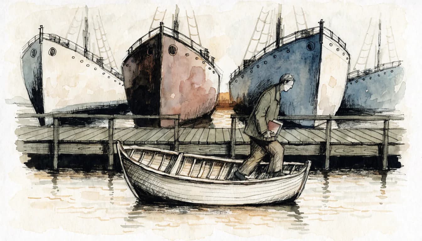 Ilustração de um leitor entrando num pequeno barco com um livro, enquanto grandes navios permanecem atracados ao fundo