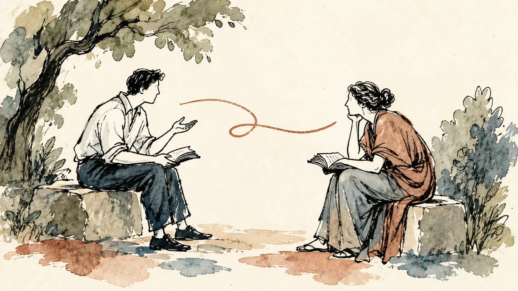 Ilustração de duas pessoas conversando com livros abertos no colo