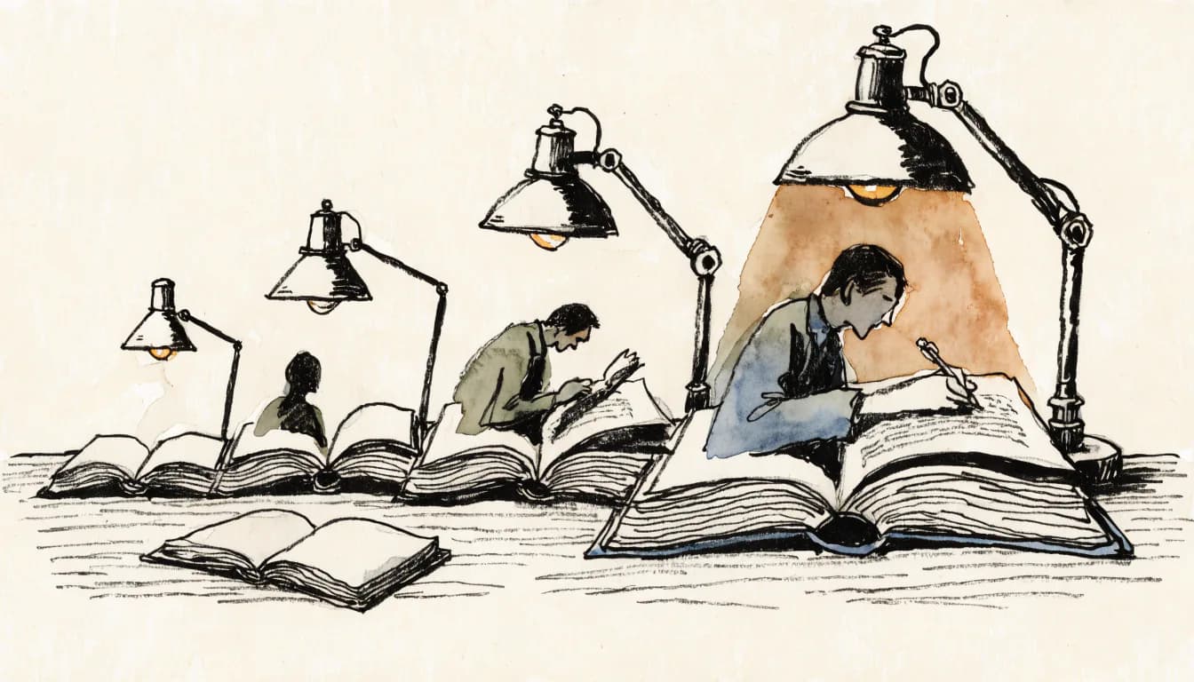 Ilustração de clássico curto sob quatro lâmpadas aninhadas, do folhear à nota analítica, segundo volume à espera