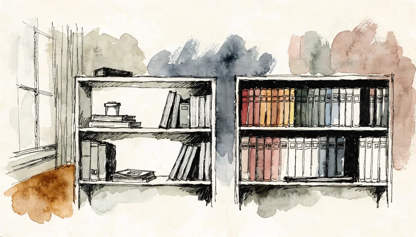 Ilustração de estante doméstica pela metade com volumes usados ao lado de uma prateleira arco-íris de lombadas intocadas