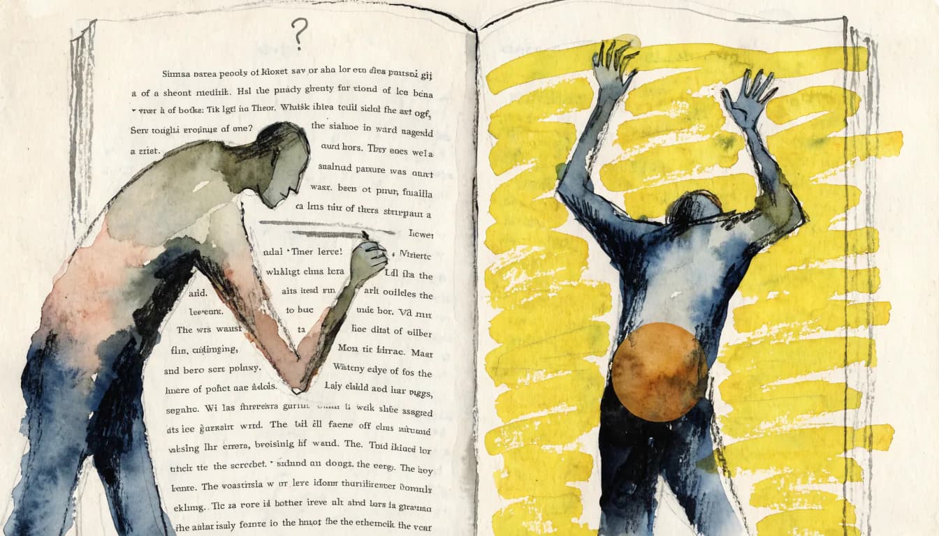 Ilustração de livro aberto: à esquerda um sublinhado preciso e um ponto de interrogação; à direita um pantanal de marca-texto