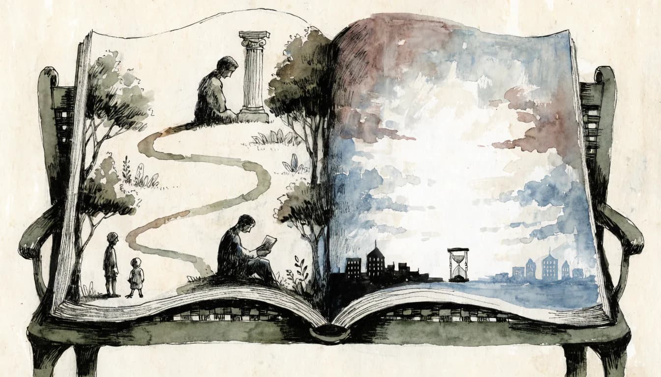 Ilustração de volume das Confissões aberto no jardim: narrativa numa página e céu de memória e tempo na outra, ampulheta ao lado