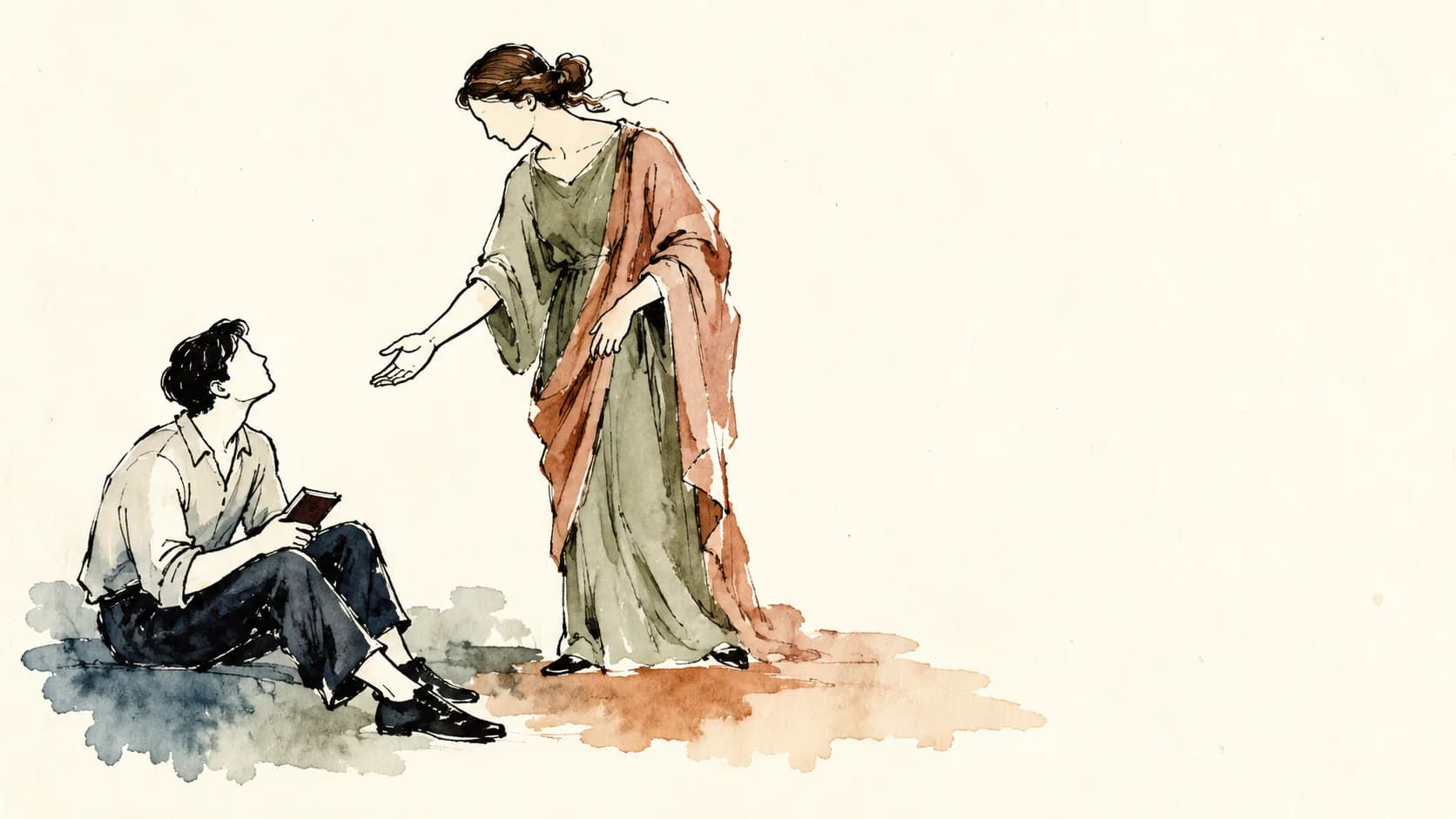 Ilustração de uma figura que oferece a mão a um leitor sentado