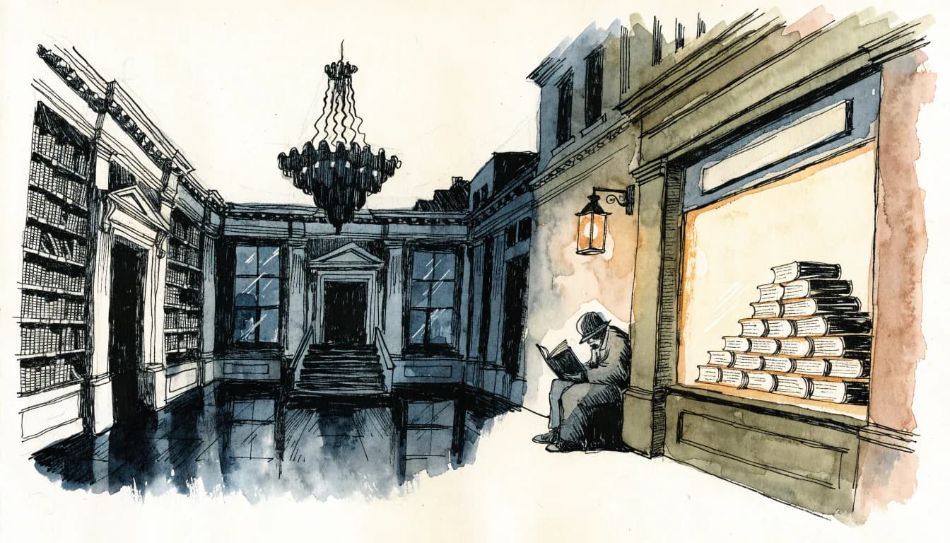 Ilustração de biblioteca com luz apagada e leitor solitário sob lanterna enquanto vitrine vizinha brilha com best-sellers idênticos