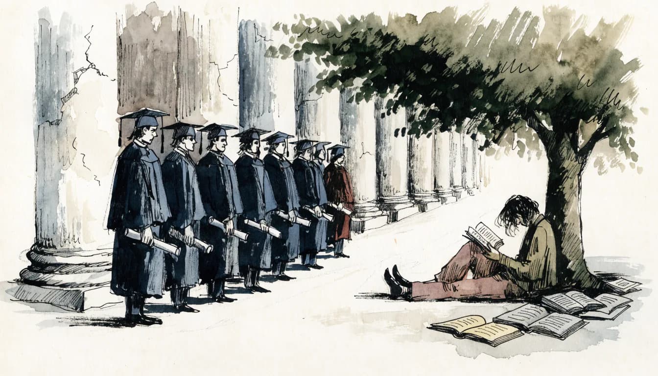 Ilustração de pátio universitário com colunas rachadas, formatura com canudos de um lado e estudante com livros sob árvore do outro