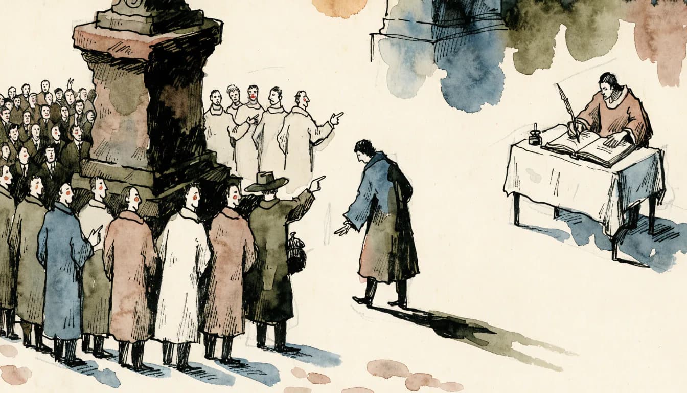 Ilustração de praça com pedestal vazio, multidão apontando para figura isolada e escriba riscando um nome num livro aberto