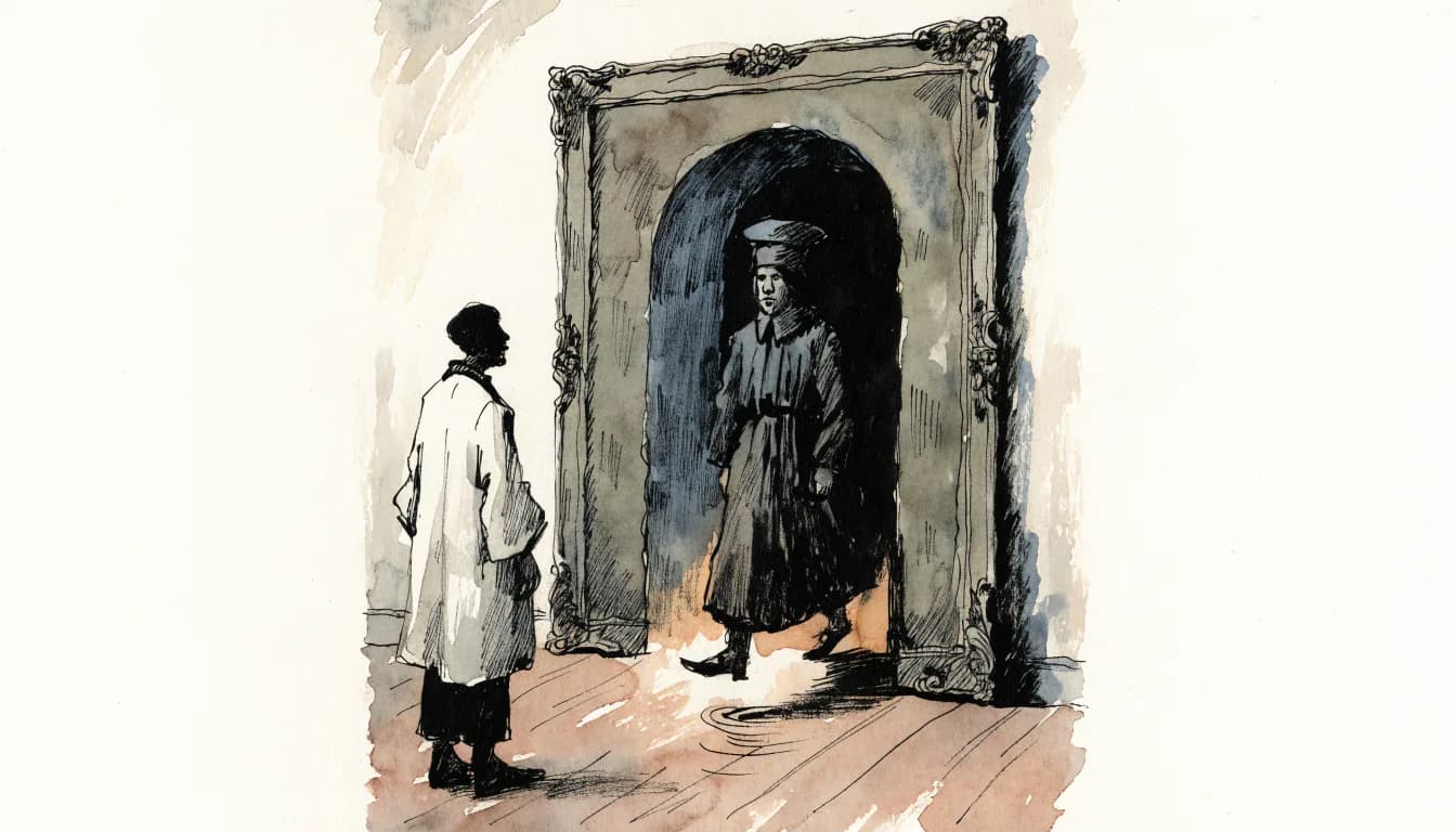 Ilustração de um visitante em galeria diante de um quadro de portal do qual uma figura viva pisa no chão da sala