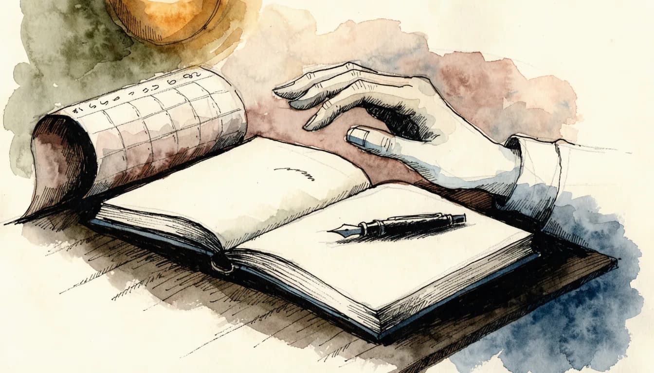 Ilustração de um caderno aberto sob luz quente com caneta pousada e um calendário desbotado ao fundo