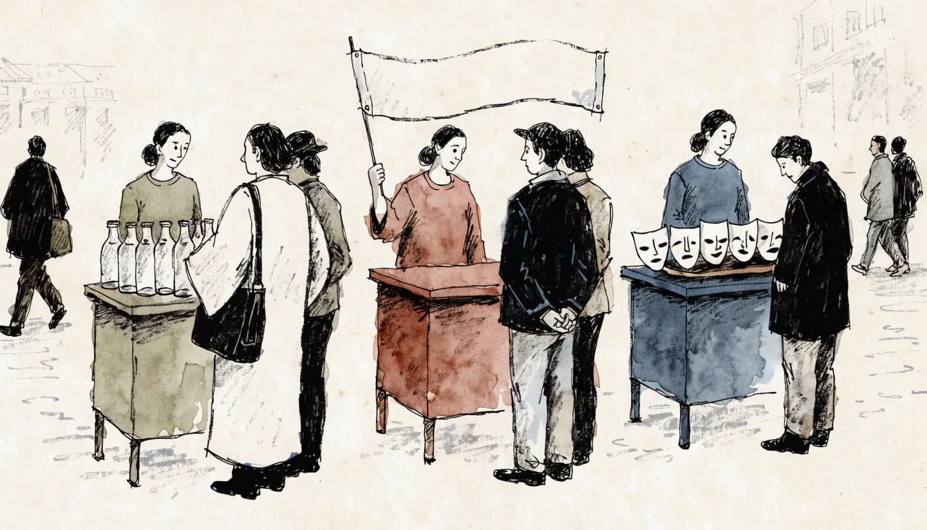 Ilustração de três balcões numa praça — garrafas, faixas em branco e máscaras de teatro — publicidade, propaganda e mentira