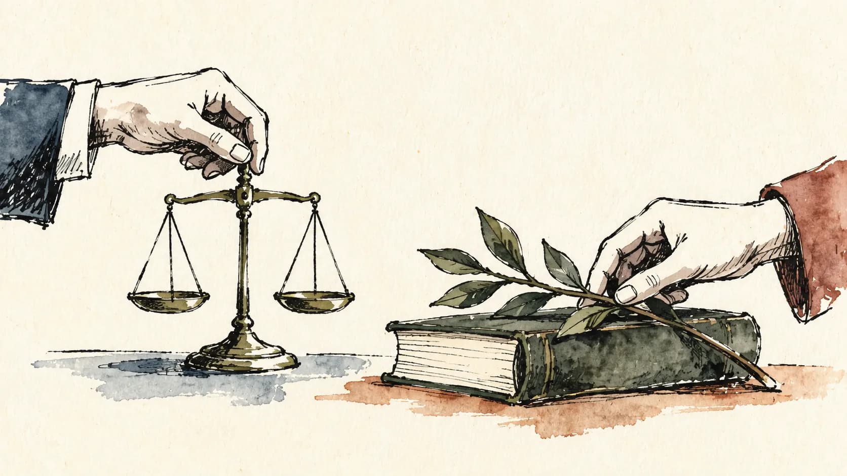 Livro de leis, balança e ramo natural em ilustração editorial