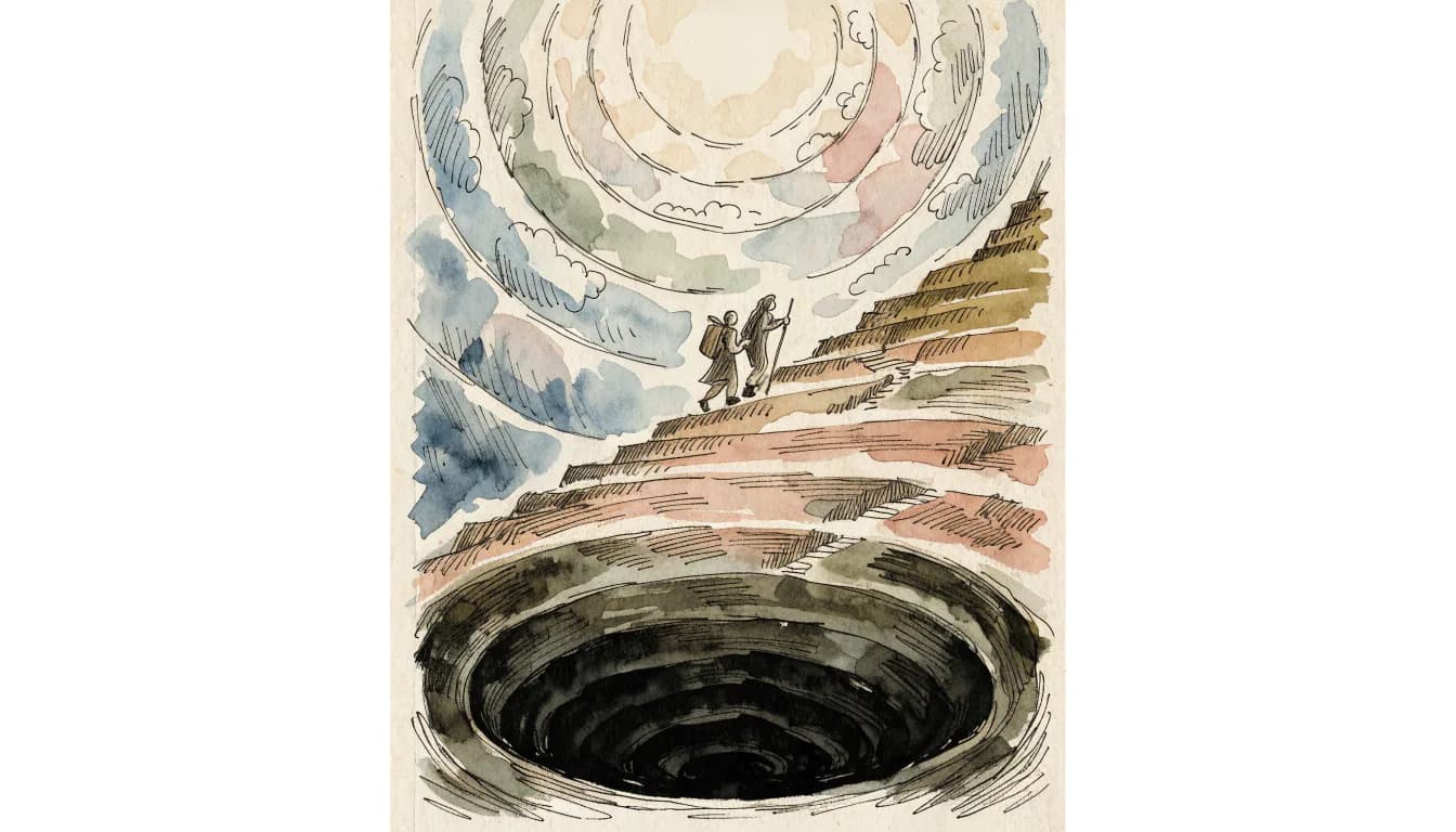 Ilustração da arquitetura vertical da Divina Comédia: Inferno circular, montanha do Purgatório e esferas do Paraíso com poetas na subida