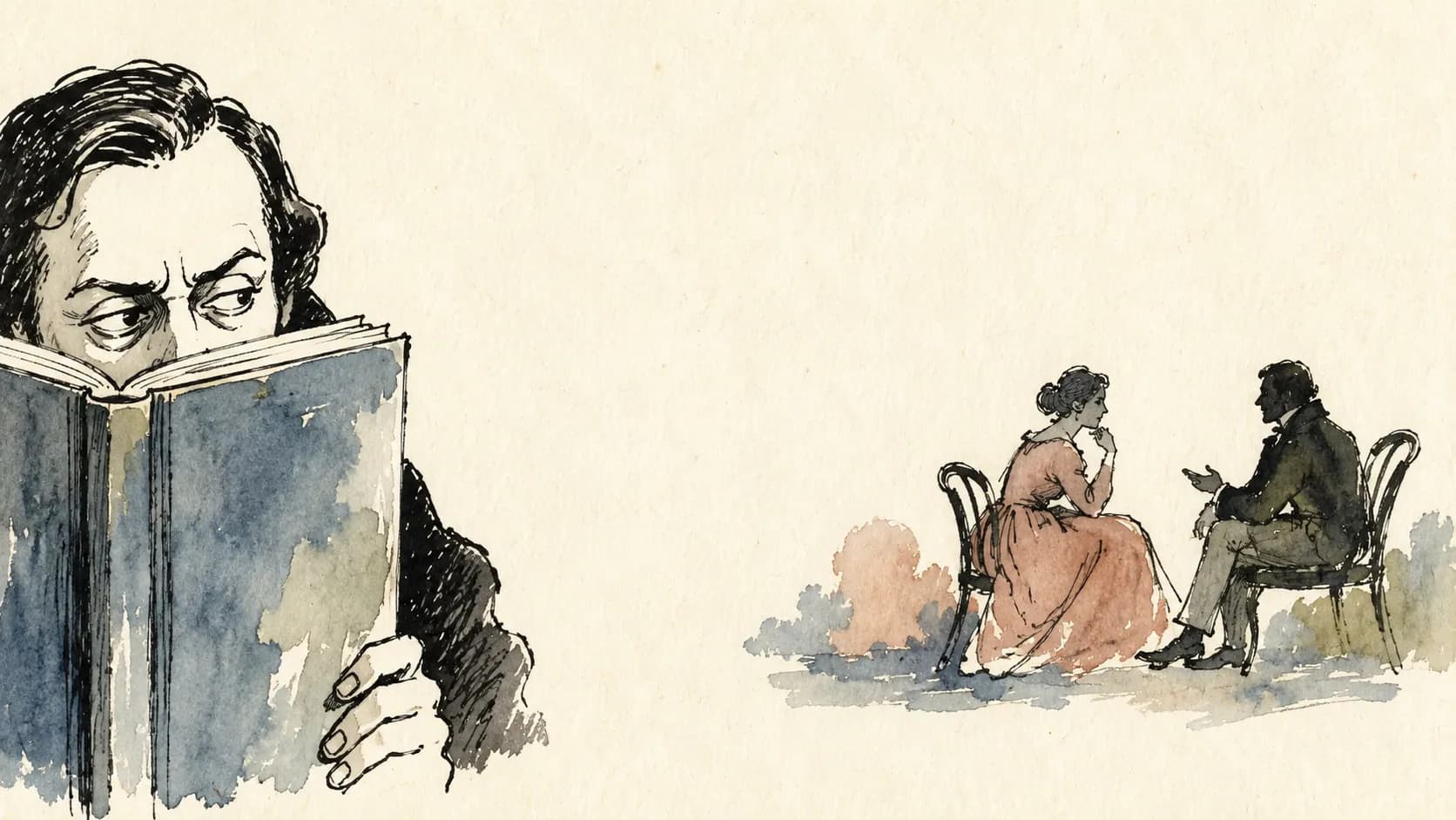 Ilustração de um narrador observando duas pessoas por cima de um livro aberto